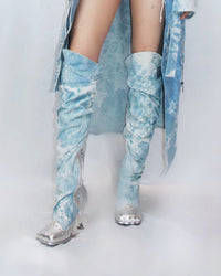 light blue & silver denim leather knee high boots