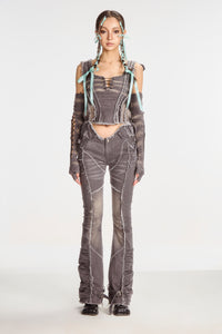 Gray distressed flared denim slim fit pants