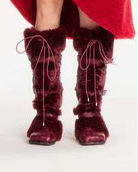 Red Shearling lace up hidden heels calf boots