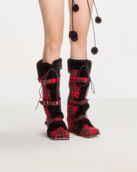 Red Plaid lace up hidden heels calf boots