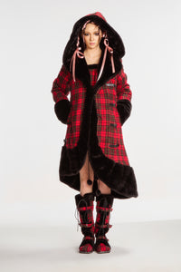 Red plaid faux fur A line cotton padded long coat