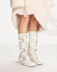 White lace up hidden heels calf boots